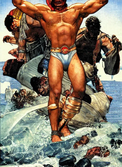 Image similar to huge cyclops in sinbad and the eye of the tiger movie, by norman rockwell and jason fabok and tom lovell and frank schoonover and dean cornwell and jack kirby