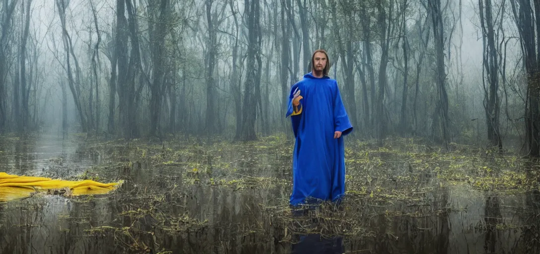 Image similar to an angel in blue and yellow robes in a swamp, sunny weather, foggy, cinematic shot, photo still from movie by denis villeneuve