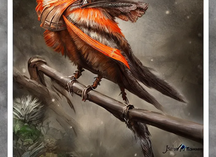 Image similar to ashigaru steampunk - inspired feathered mic, colorful plumage, lacquered armor, cute but determined, hard focus, art station, by jessica rossier and brian froud, cinematic fantasy painting, orange grey white, in a woodland glade