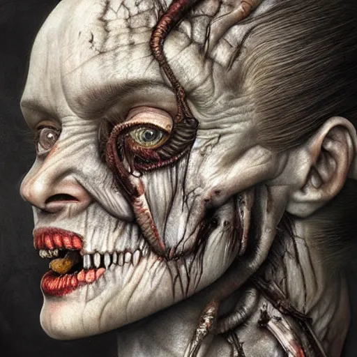 Image similar to hyperrealistic detailed creepy horrific portrait deformed in style of layers of fear and h. r. giger