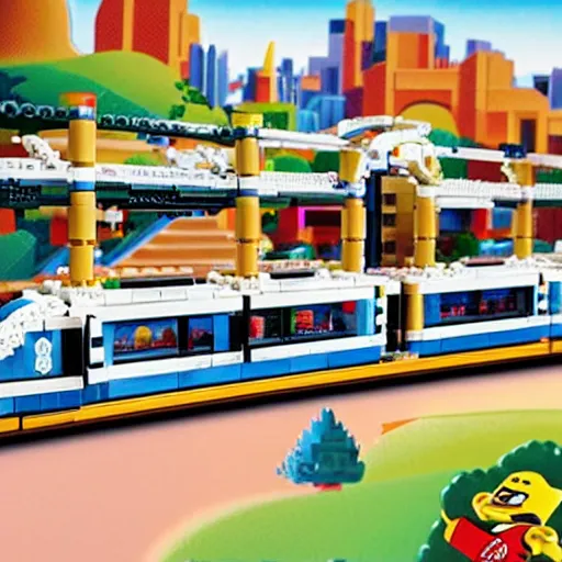 Image similar to Box art for a LEGO set of the Disneyland Monorail