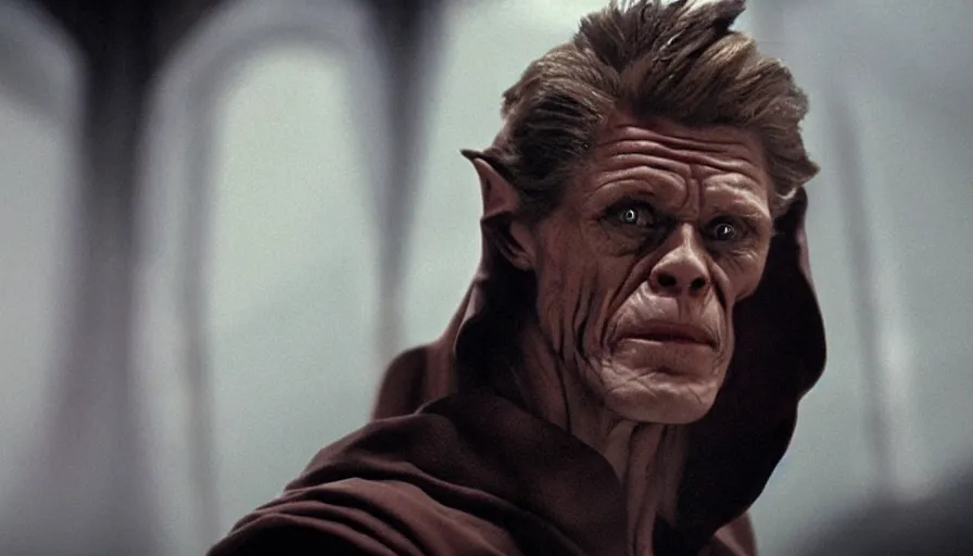 Prompt: Willem Dafoe as a Sith Lord, cinematic lighting, close-up, cinematography