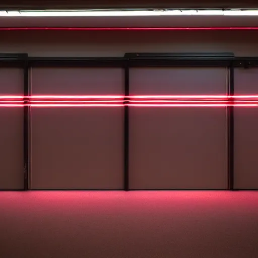 Image similar to noisy color photograph of a retrofuturist modern liminal space, laboratory, prison, red lights, automatic doors, minimalist, cinematic, soft vintage glow