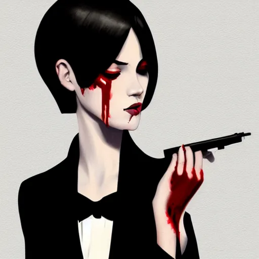 Image similar to young professional killer female in black tuxedo, stained with blood, muted colors, matte print, pastel colors, 2d, ultra highly detailed, smooth, sharp focus, digital art, digital painting, fan art, elegant, artstation, head is centered, by Ilya Kuvshinov