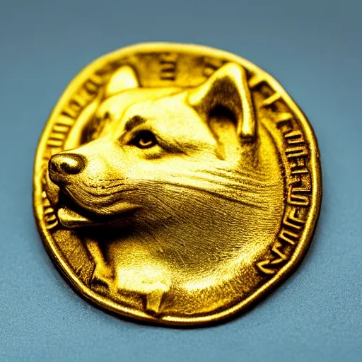 Image similar to an ancient roman gold coin with the face of a shiba inu, close up photo, ultra realistic, studio photo, bokeh. intricate details.