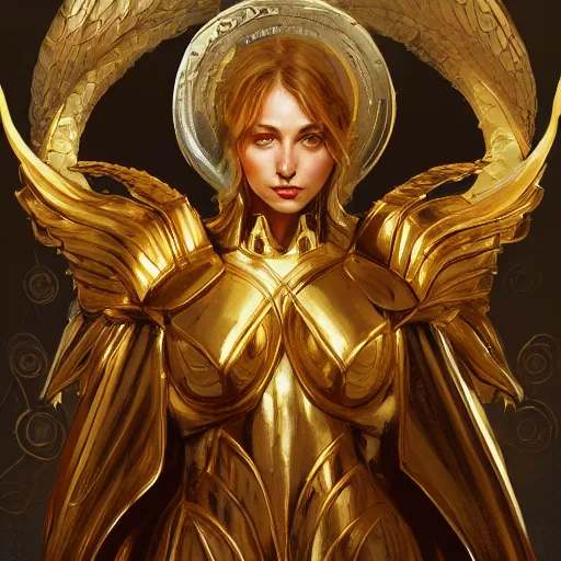 Image similar to Archangel with golden wings, heavy armor, , intricate, headshot, highly detailed, digital painting, artstation, concept art, sharp focus, cinematic lighting, illustration, art by artgerm and greg rutkowski, alphonse mucha, cgsociety