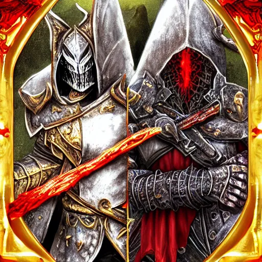 Image similar to double portrait the great death knight dark souls in golden red armor made of polished dragon bones looks relaxed, quantum physics, victorian era