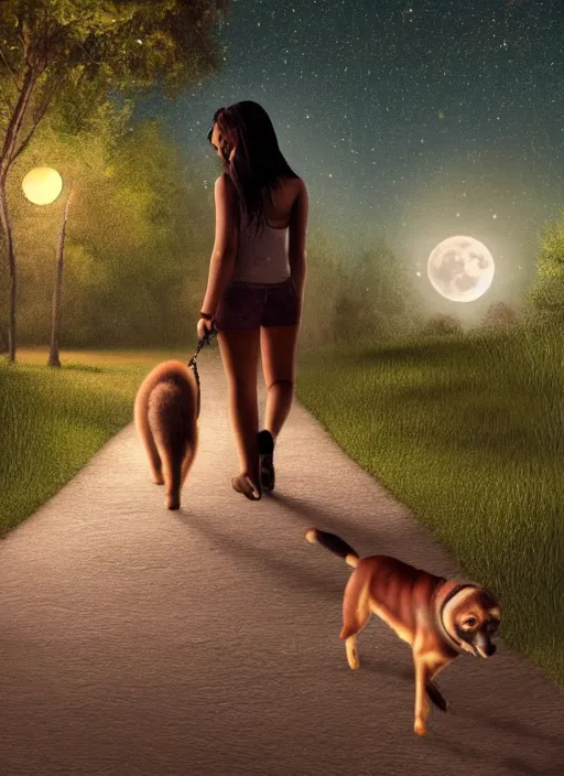 Prompt: young beautiful brown woman walking with her dog in a park in Merida Mexico at night with a full moon, illustration, photoreal, fantasy, trending. masterpiece work of art . oil on canvas. Digitally painted. Realistic. 3D. 8k. UHD.