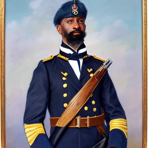 Prompt: full body portrait of the dictator of the orlando magic, 1 8 8 9, in full military garb, magic blue, silver, and black, oil on canvas by william sidney mount, trending on artstation