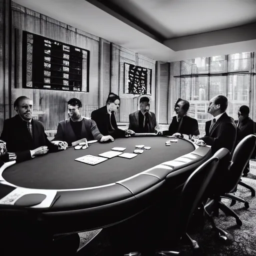 Image similar to a photo of a very large empty room in the bottom centre is a group of business men playing poker zoomed out from from the camera, cold lighting, award winning photo, monotone