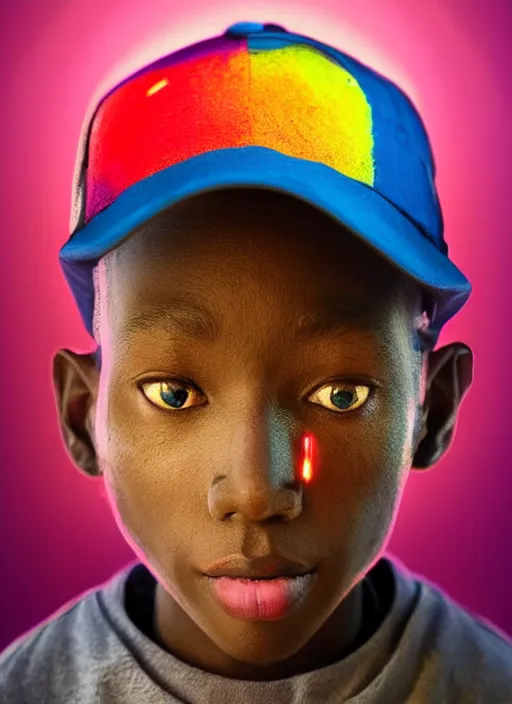 Prompt: colourful vfx portrait - art of an african boy wearing a baseball cap with wires and computer chips dangling from its inside, art by hsiao - ron cheng, volumetric light, dramatic lighting, ray tracing, digital painting, digital illustration, unreal engine render, sharp, intricate detail, behance, artstation, pinterest,