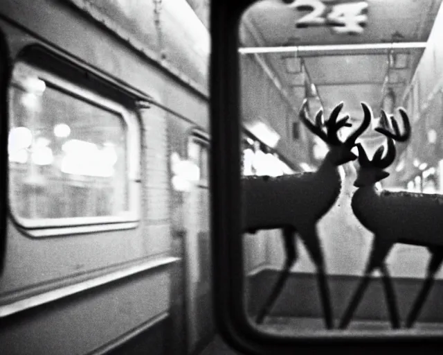 Image similar to a lomography photo of rumble between two humanoid deer in soviet train this morning, bokeh,