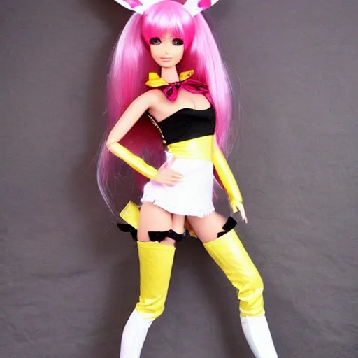 Image similar to anime barbie doll, leather bunny costume bodysuit, playboy, rabbit ears, plaid tights, full length, raspberry banana color, lace