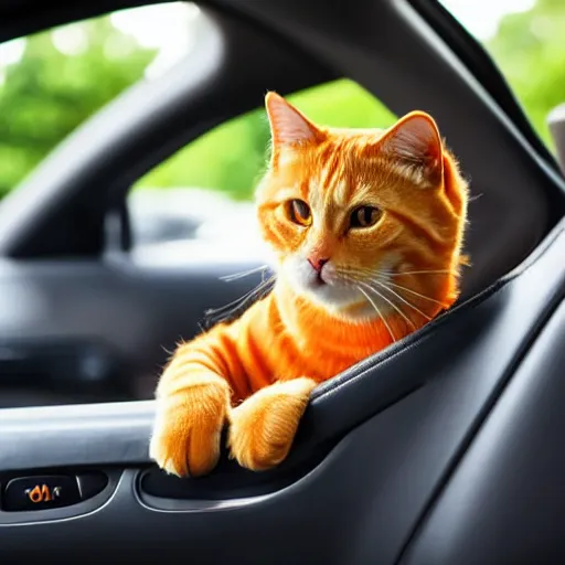 Image similar to an orange tabby cat driving a car