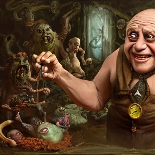 Prompt: Danny Devito as Mystical Gollum, Realistic, Regal, Refined, Detailed Digital Art, Michael Cheval, Walt Disney (1937), François Boucher, Oil Painting, Steampunk, Highly Detailed, Cinematic Lighting, Unreal Engine, 8k