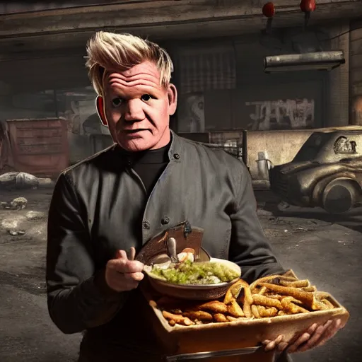 Prompt: gordon ramsay as street food vendor in fallout new vegas, very detailed, realistic, 4 k, professional photography