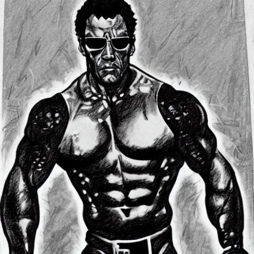 Prompt: pencil sketch of the rock as terminator ( 1 9 8 4 )