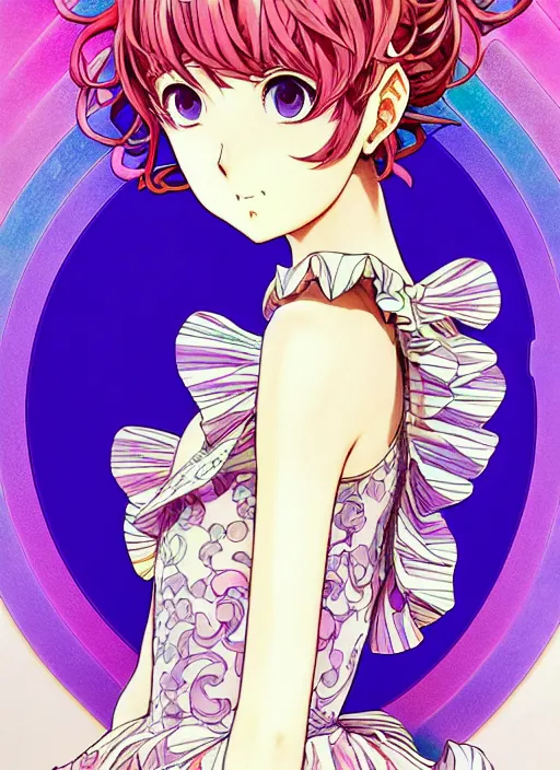 Prompt: manga poster of persona, rococo ruffles dress, pastel rainbow, pearlescent, shimmering, reflective, rim light, detailed background, by shigenori soejima. takeshi obata, minaba hideo, shigenori soejima, alphonse mucha, illustration,, artstation, pivix, concept art, highly detailed, colorful, maximalist