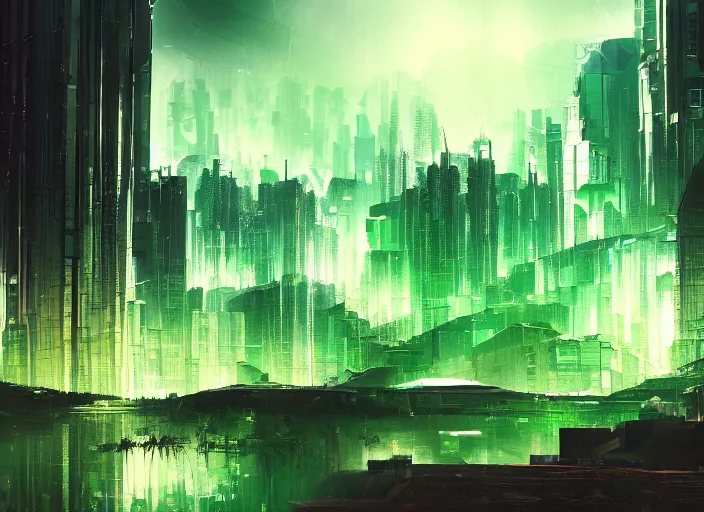 Image similar to ethereal emerald cyber city landscape, artstation, wallpapermaiden, wallpaper, unsplash, colorful