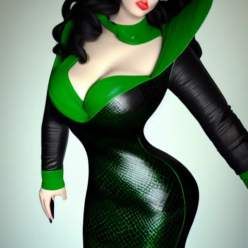 Image similar to curvy feminine hot goth cutie with sublime modest elegant patterned green-black snakeskin leather neck-high gown, cgsociety, photorealistic, comfy ambience, idealistic, 16k, smooth, sharp focus, trending on ArtStation, volumetric lighting, fully clothed, worksafe