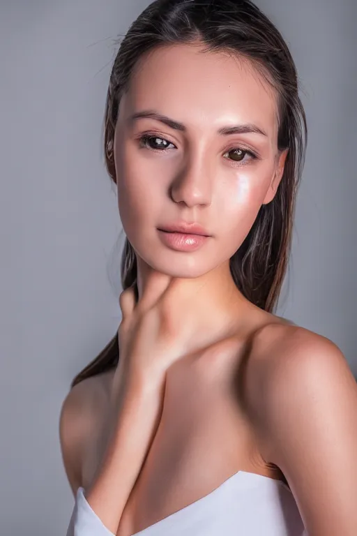 Prompt: 2 4 year old female model, wearing white v - neck top, neck zoomed in, photo realistic, extreme detail skin, no filter, slr, golden hour, 4 k, high definition, ecommerce photograph