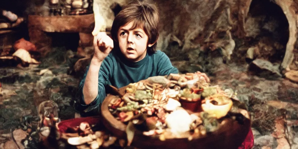 Prompt: A full color still of young Paul McCartney looking at his palm, dressed as a hobbit inside his house, directed by Stanley Kubrick, 35mm, 1970