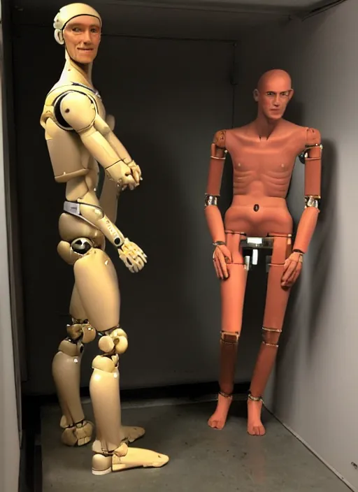 Image similar to a humanoid robot with an adult male human looking face is the statue david by michelangelo, polaroid, flash photography, photo taken in a dark storage room where you can see empty shelves in the background,