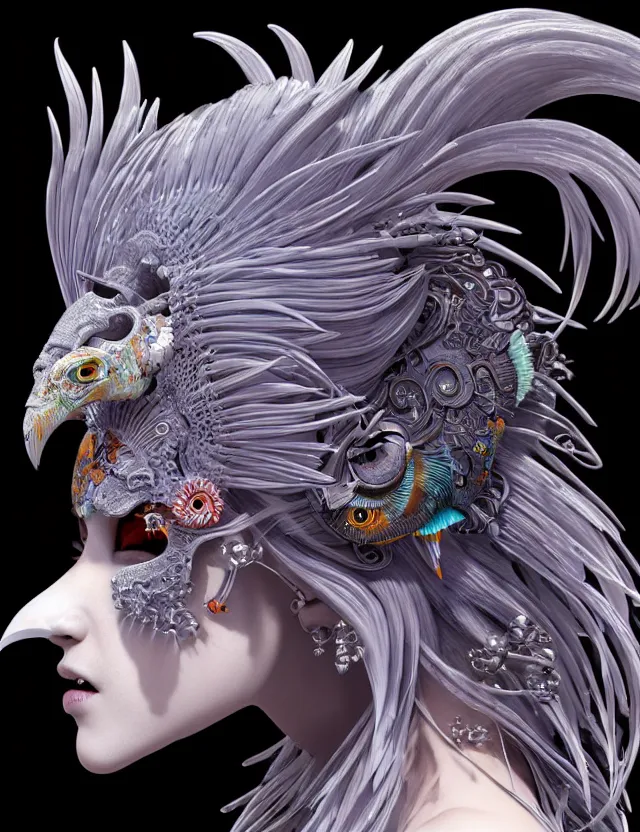 Image similar to 3 d goddess close - up profile simple portrait punk with mohawk with ram skull. beautiful intricately detailed japanese crow kitsune mask and clasical japanese kimono. betta fish, jellyfish phoenix, bio luminescent, plasma, ice, water, wind, creature, artwork by tooth wu and wlop and beeple and greg rutkowski