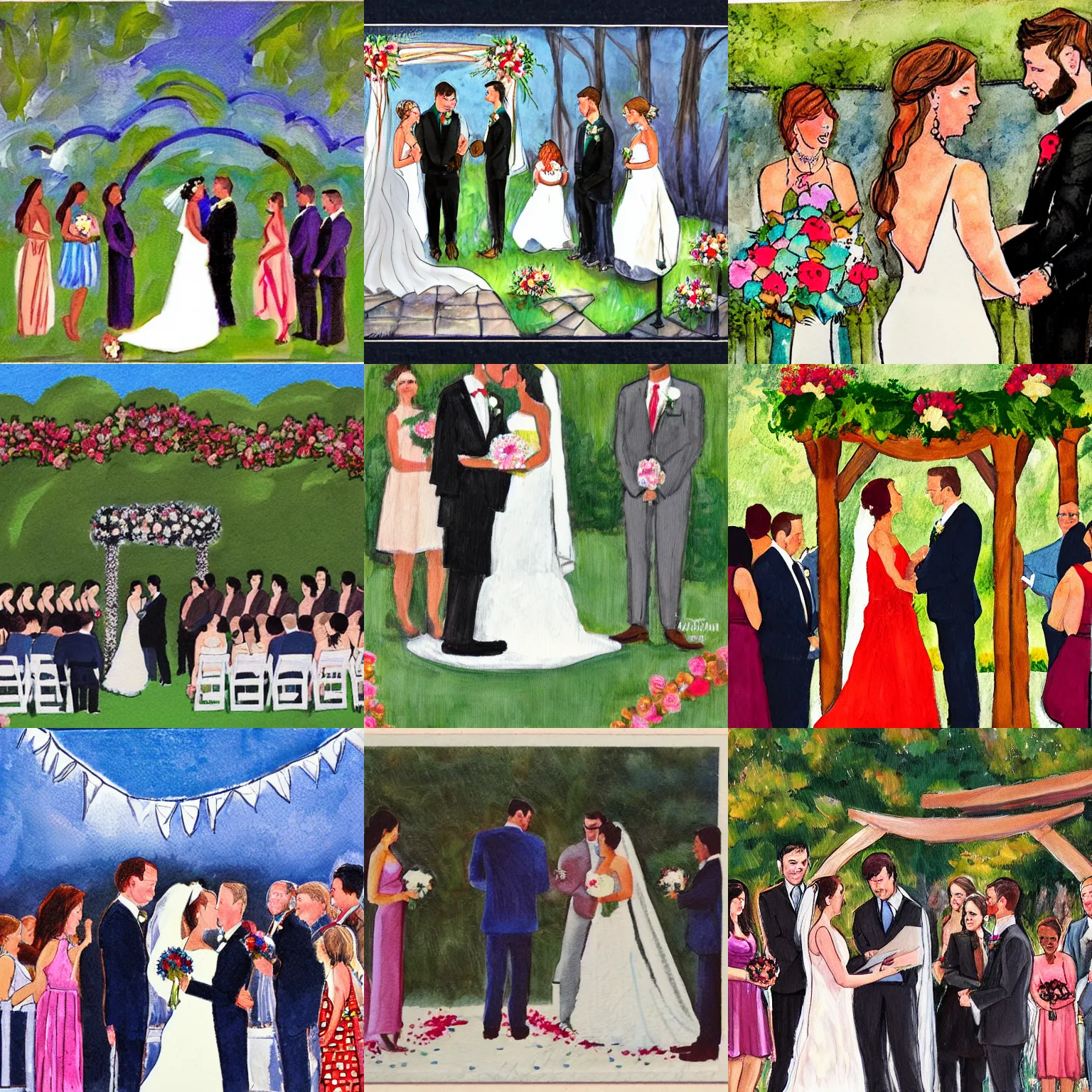 Prompt: wedding ceremony congrats post cards art by julianna brion