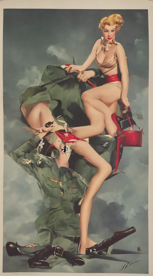 Image similar to a portrait one full body pin up post war dressing a military unioform,garden backgound Gil Elvgren style