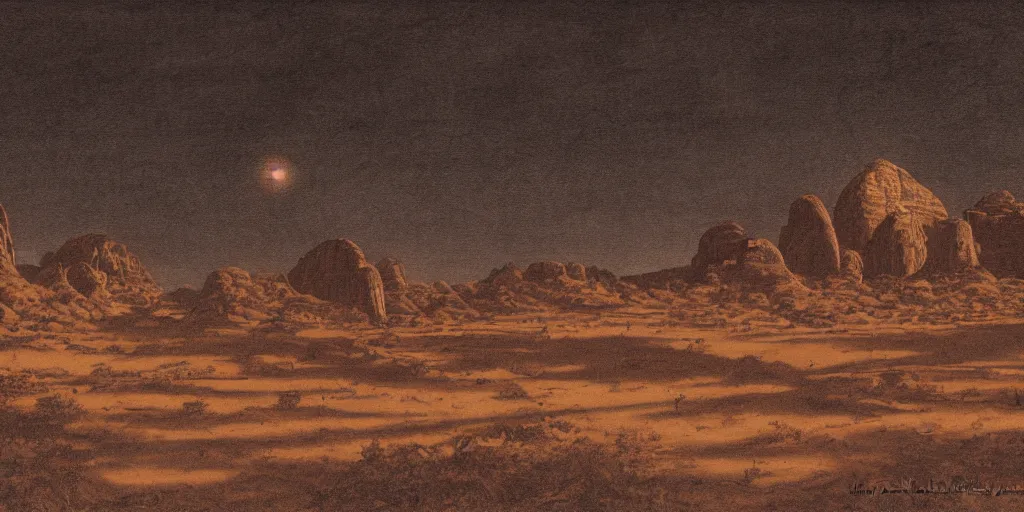 Image similar to a realistic rooftop sepia - toned painting of wadi rum at night, dark, brooding, atmospheric, lovecraft