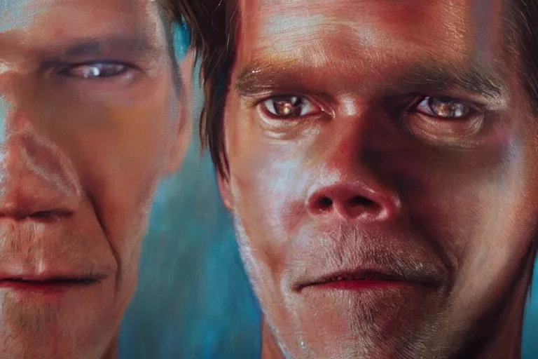 Prompt: an ultra realistic painting of kevin bacon, bacon wrapped around his face, 8 k, cinematic, movie still