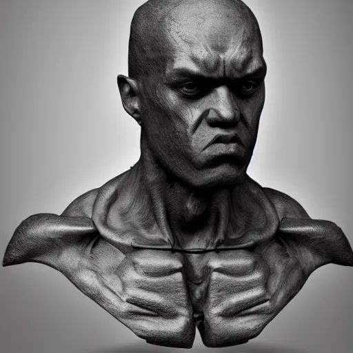 Prompt: a sculpture portrait of a man made of black iron. black background. gothic baroque. expressive eyes. symmetry. epic. ominous shapes. lighting from the bottom, sharp shadows. photoreal. trending on artstation