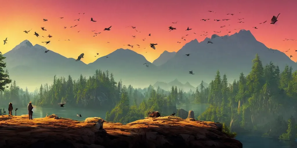 Prompt: A majestic landscape featuring a river, mountains and a forest. A group of birds is flying in the sky. There is an old man with a dog standing next to him. The man is wearing a backpack. They are both staring at the sunset. Cinematic, very beautiful, painting in the style of firewatch