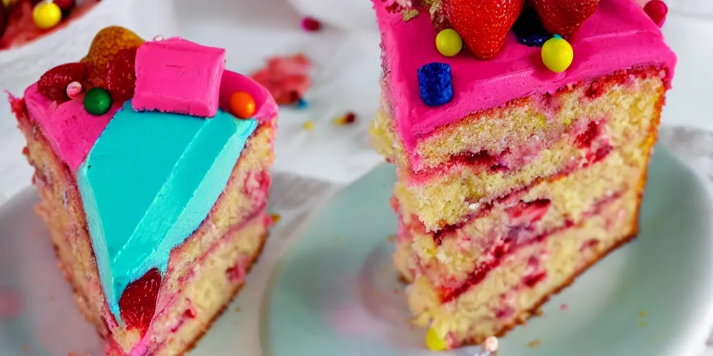 Image similar to piece of pink strawberry cake with hundreds of colorful pins stuck in it