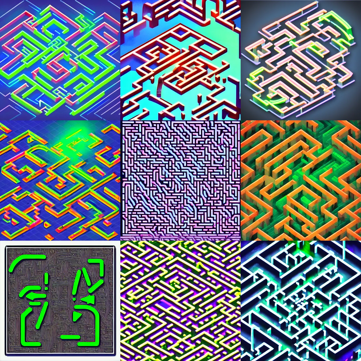 Prompt: detailed neon isometric labyrinth maze
