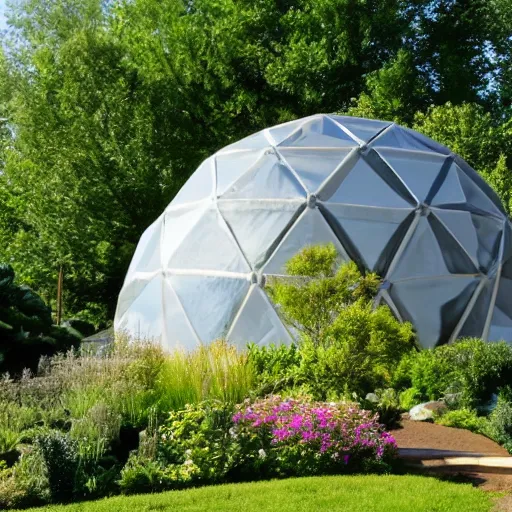 Prompt: geodesic dome with gardens and waterfall