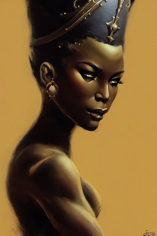 Prompt: high fantasy black female queen portrait by Frank frazetta full body profile, trending on artstation, dramatic lightning