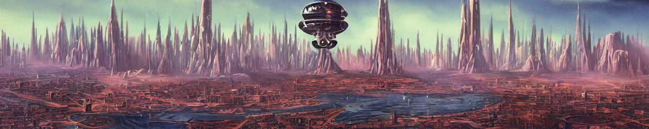 Image similar to retro sci-fi painting of an alien city