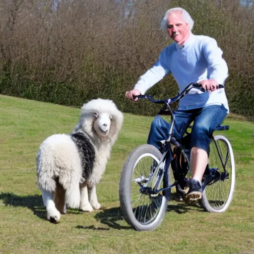 Image similar to two old english sheep dogs on a tandem bicycle