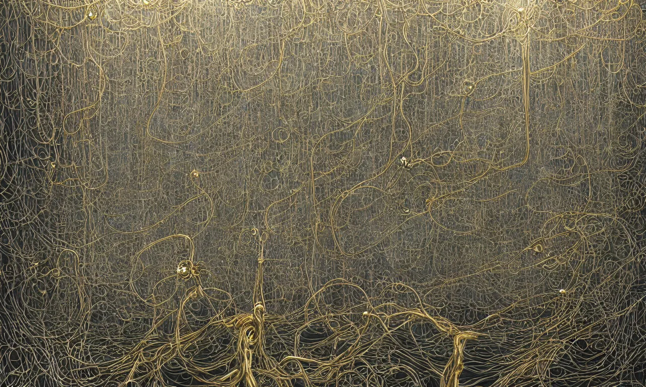 Prompt: A beautiful hyper realistic detailed painting of 2 gigantic tall quantum computers in the middle, gold and silver and brass interconnected like fungal hyphae mycelium, filigree and wire, satisfying cable management, by Beksinski, beeple, unreal engine, electronic art featured on artstation, singularity depicted by the artist