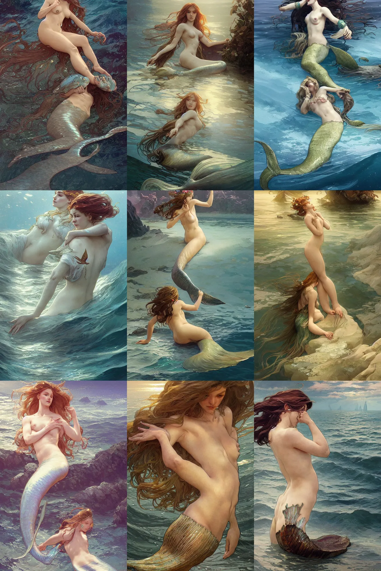 Prompt: mermaids swimming in the sea , elegant, highly detailed, digital painting, artstation, concept art, smooth, sharp focus, illustration, art by artgerm and greg rutkowski and alphonse mucha