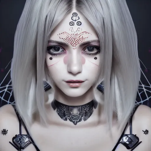 Prompt: full body character, beautiful anime woman smiling, symmetrical eyes, symmetrical face, symmetrical nose, tattooed, geometric lighting : : octane render, 8 k resolution, high quality, digital art, fantasy