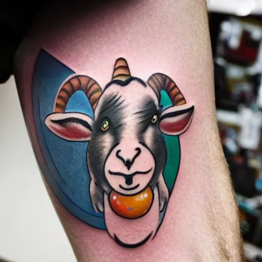 Prompt: a tattoo of billy the Disney goat with a churro in their mouth