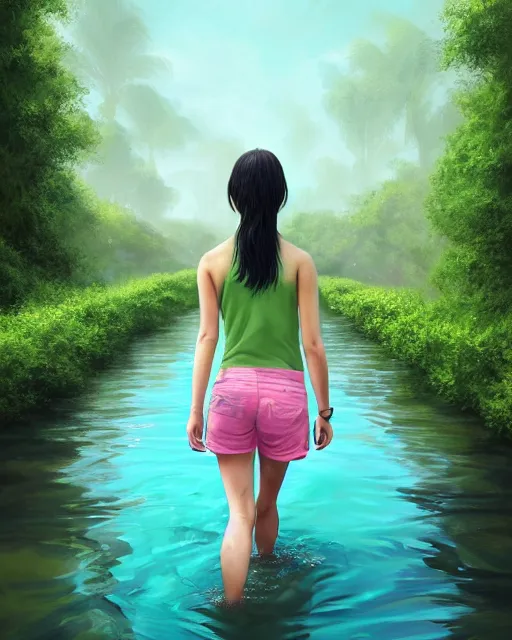 Image similar to a girl dressed in a green shirt and pink shorts walks along train tracks stretching out toward the horizon that are submerged under a few inches of water in a wide pool of water, intricate, elegant, highly detailed, digital painting, artstation, concept art, smooth, sharp focus, illustration, art by artgerm and greg rutkowski and fra angelico