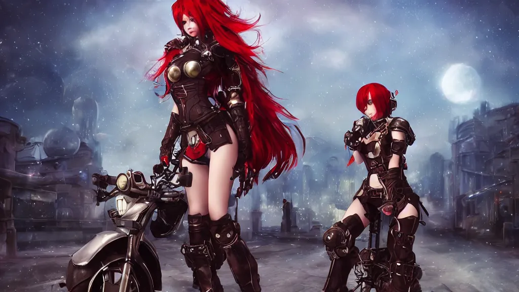 Prompt: cosplay red haired, female character, light armour, skirt, riding steampunk motorcycle, in fantasy sci - fi city, night time, city lights, motion blur, final fantasy, cinematic, realistic, stylised, unreal engine, lumen, realistic, artgerm