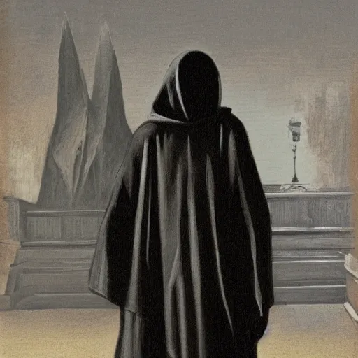 Prompt: a dark figure wearing a hooded robe