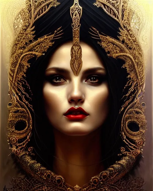 Image similar to portrait of a beautiful goddess, enigmatic beauty, dominant shades of black, gold silver, dark red, white, head in focus, fantasy art, ornamental aesthetics, intricate, elegant, highly detailed, hyperrealistic painting, artstation, concept art, painterly, sharp focus, illustration, art by karol bak