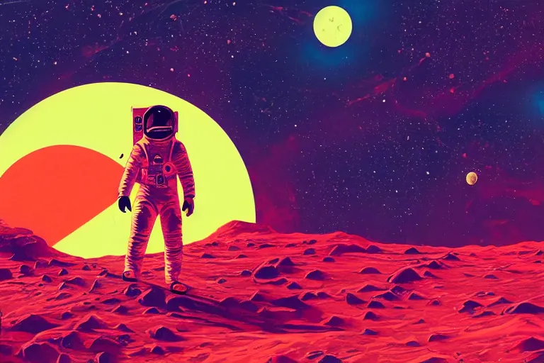 Image similar to an astronaut laying on mars in the style of flooko, acrylic art, detailed, moonlight, red lighting, bokeh, synthwave, psychedelic, glitch, neon,