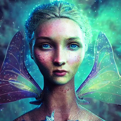 Image similar to portrait of a magical fairy made of galaxies, highly detailed, realistic, octane render, comic book art, space travel, unreal engine, sharp focus